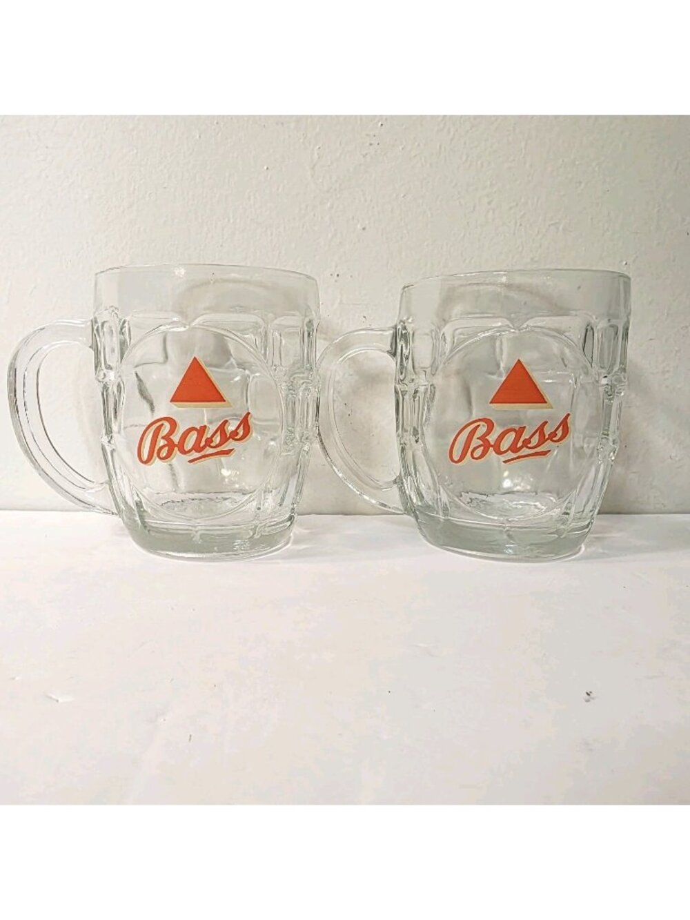 2 Bass Ale Beer Glass Mug Dimple Glass 16 oz. 5” CROWN DEMA ENGLAND Man Cave